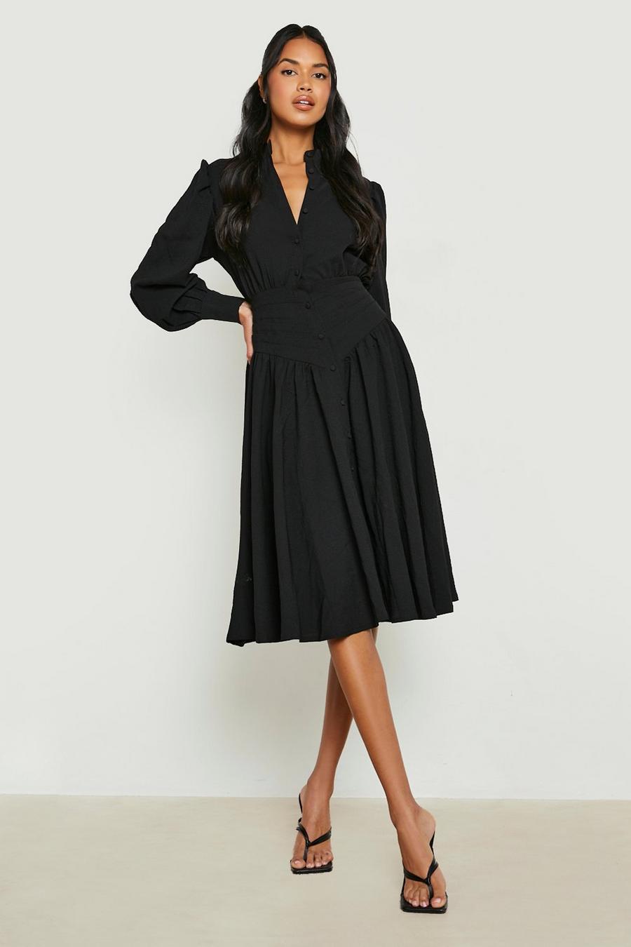 Black Crinkle Waist Detail Midi Shirt Dress