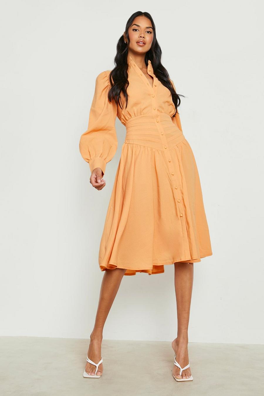 Orange Crinkle Waist Detail Midi Shirt Dress image number 1