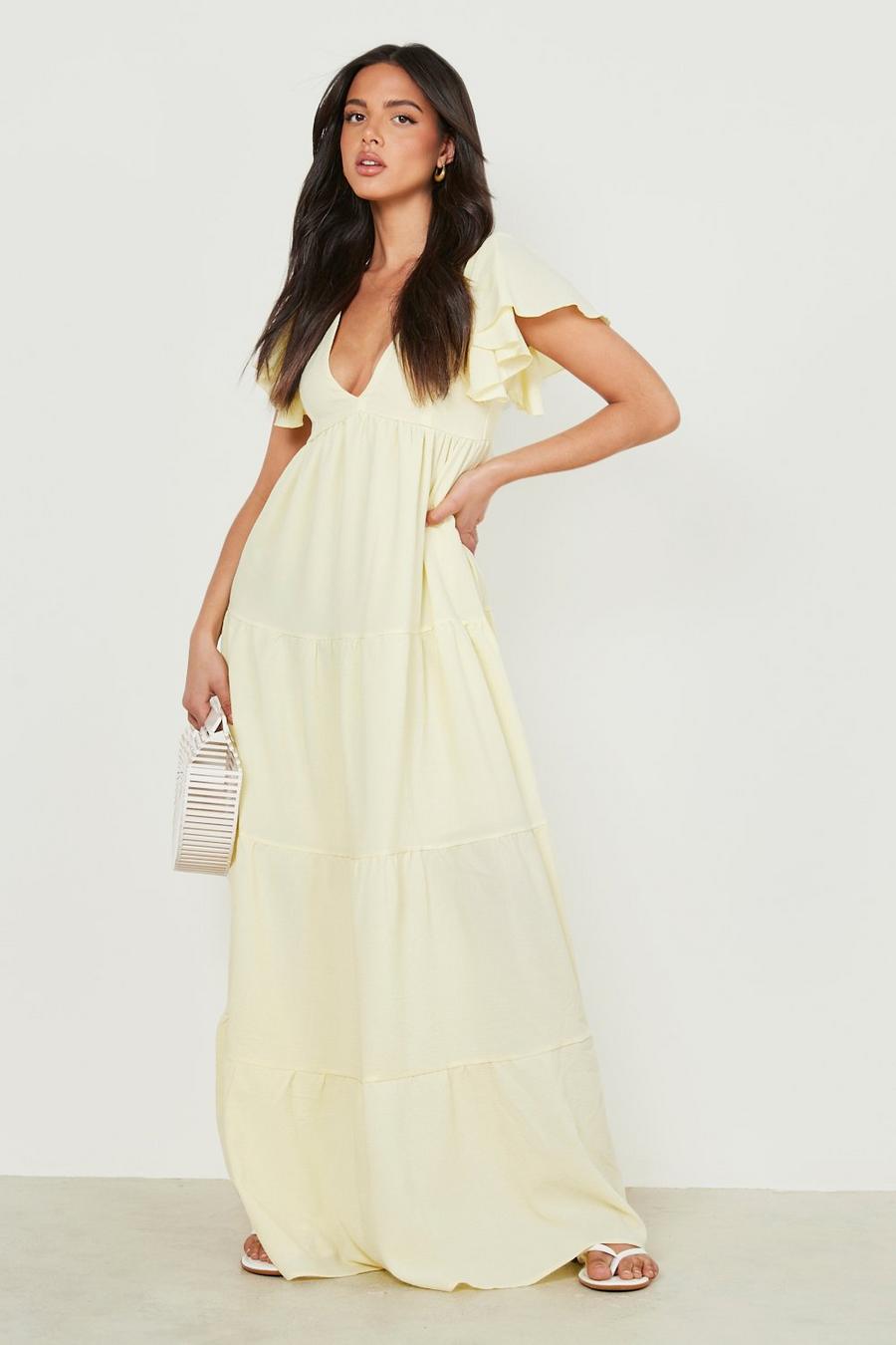Lemon yellow Textured Frill Sleeve Tiered Maxi Dress
