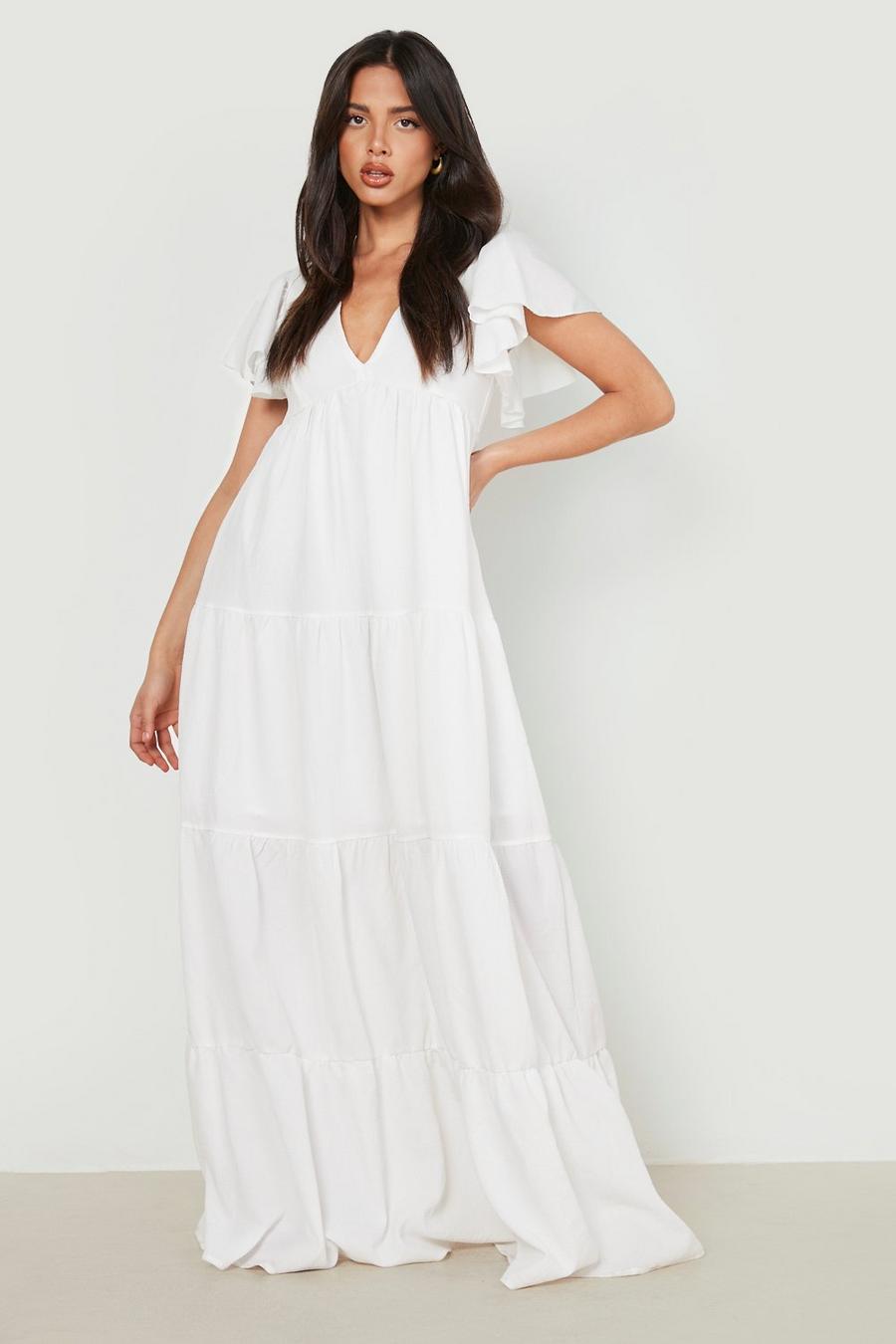White Textured Frill Sleeve Tiered Maxi Dress image number 1