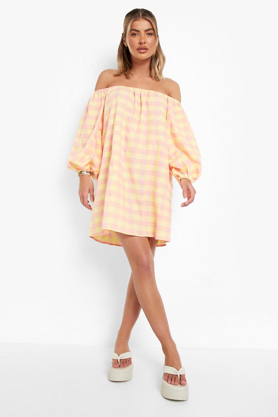 Yellow Check Print Off The Shoulder Shift Dress image number 1