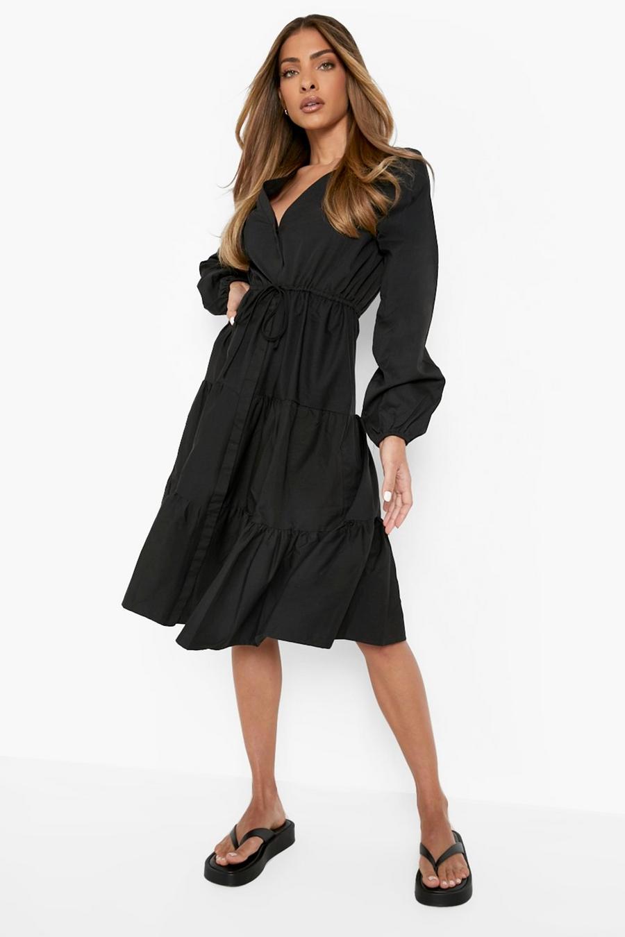 Black Tiered Tie Waist Midi Shirt Dress image number 1