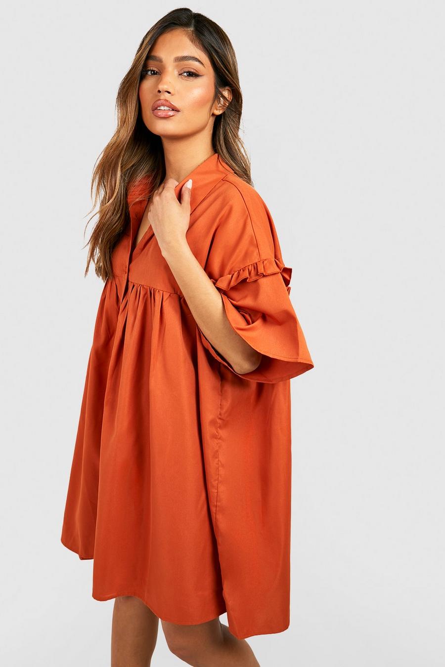 Terracotta Puff Sleeve Button Through Smock Mini Dress image number 1