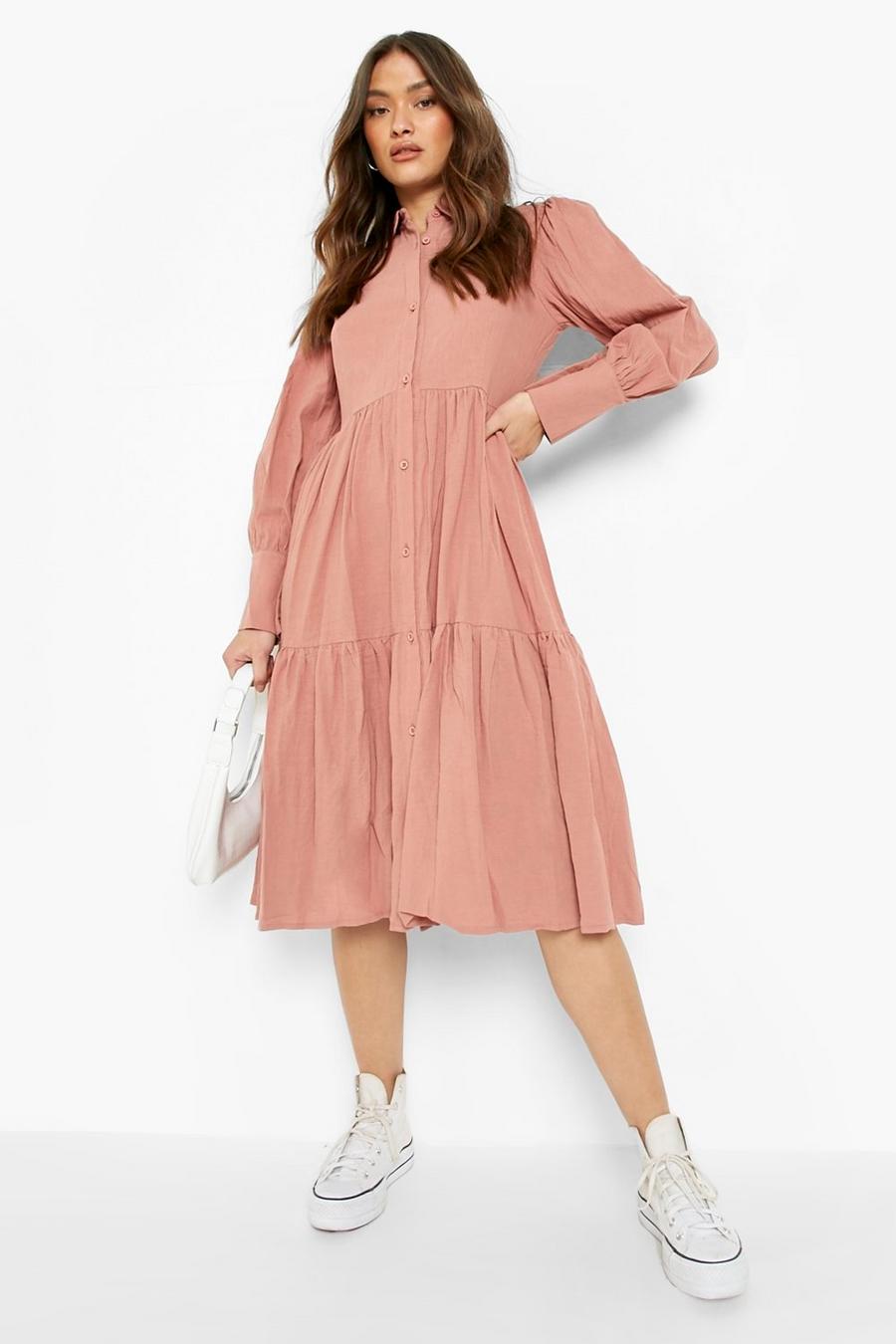 Dusty pink Linen Belted Midi Shirt Dress image number 1