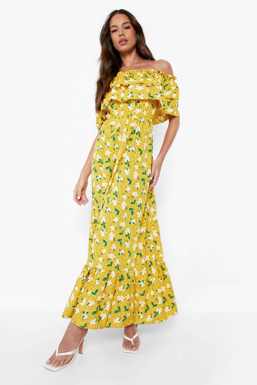 Mustard yellow Bardot Ruffle Maxi Dress Floral Print