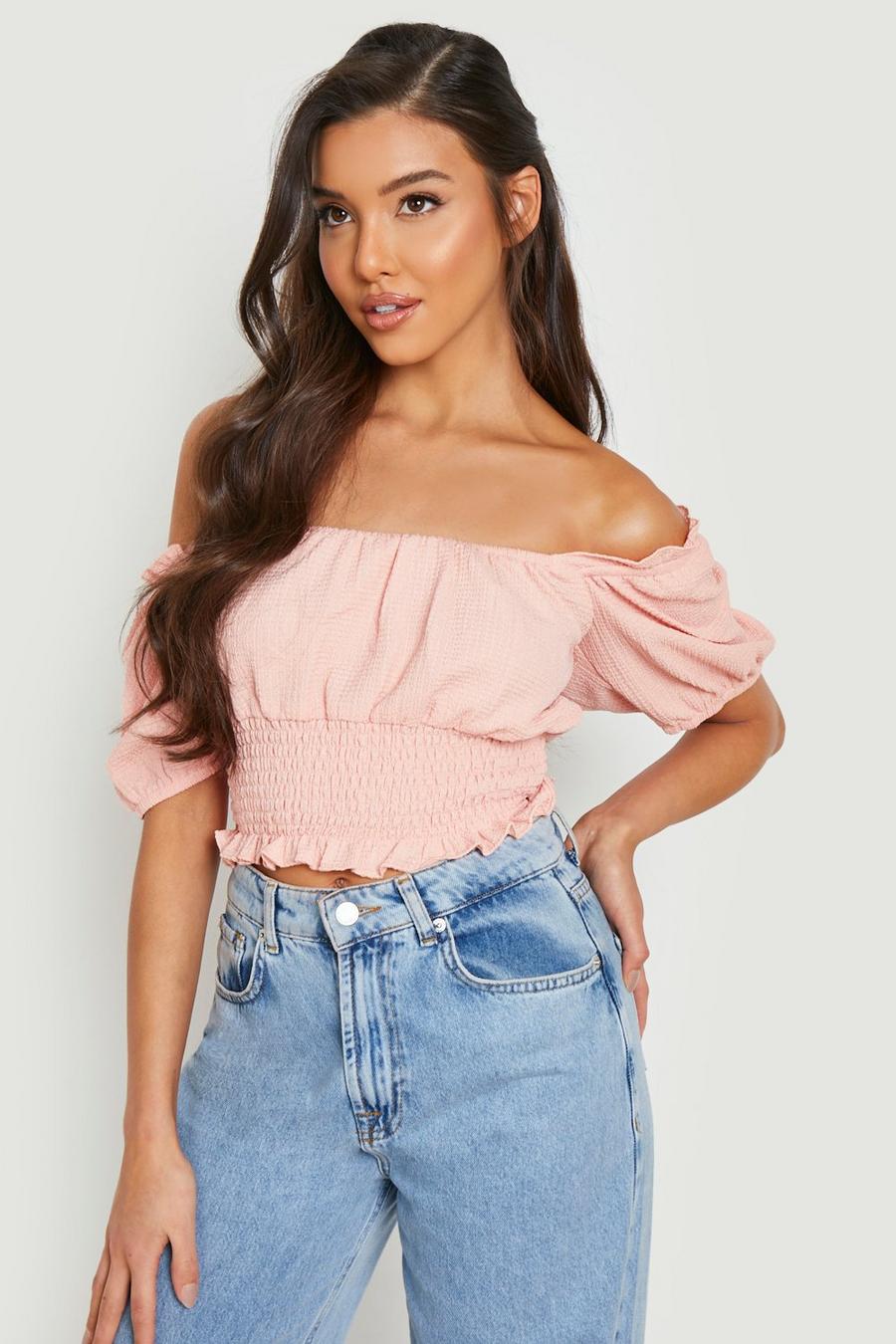 Peach Bardot Top With Shirred Waist  image number 1