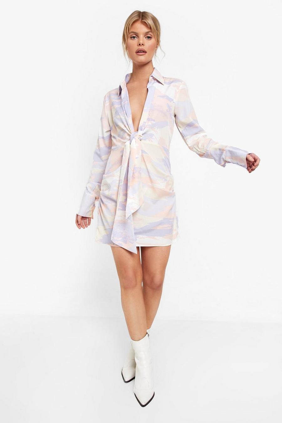 Lilac Printed Tie Front Shirt Dress image number 1