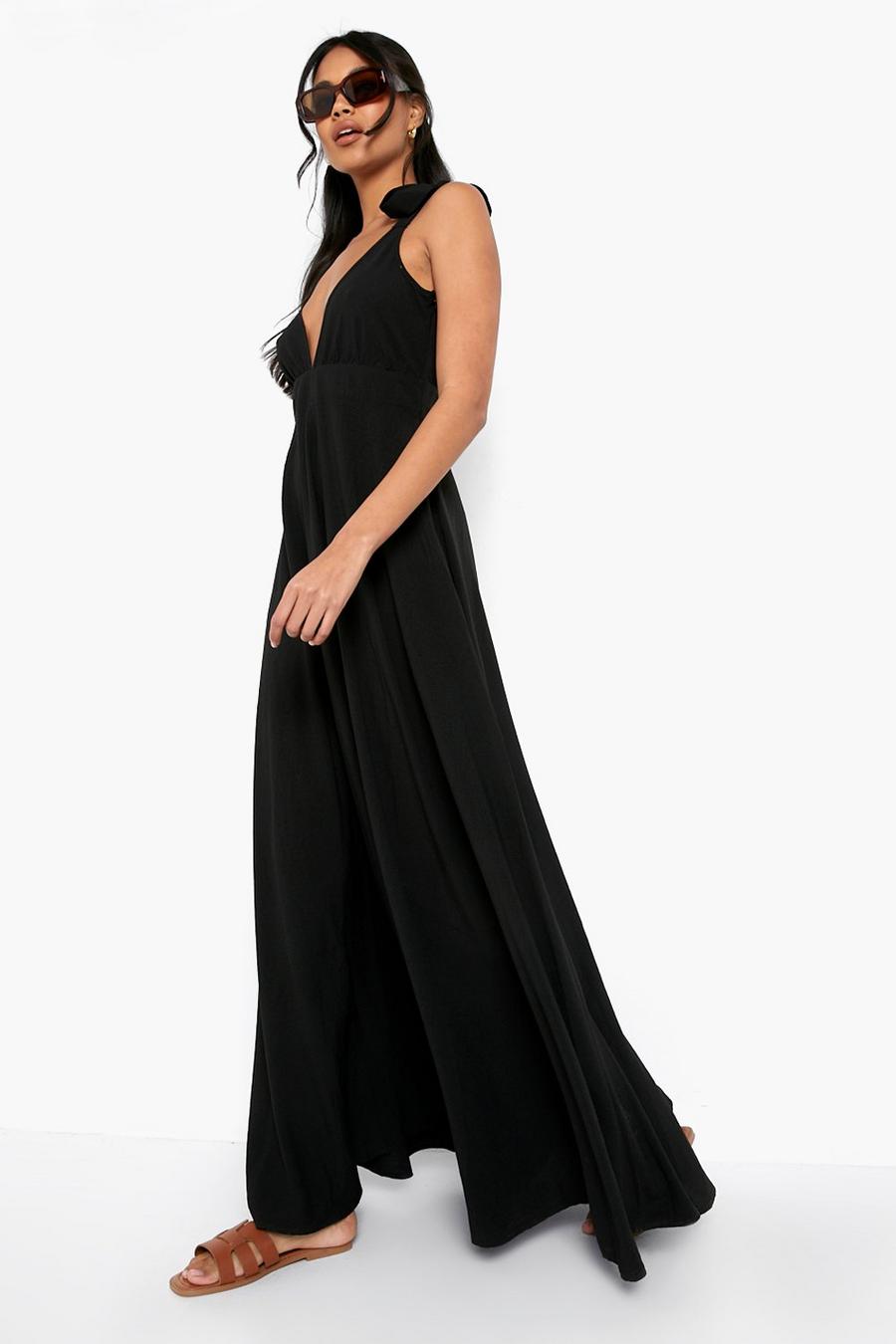 Black Textured Plisse Strappy Maxi Dress