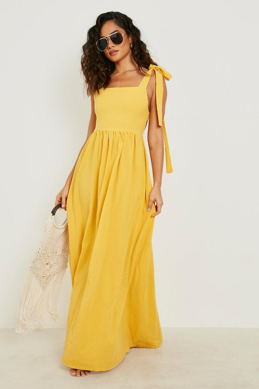 Yellow שמלת מקסי מפשתן עם גב פתוח image number 1
