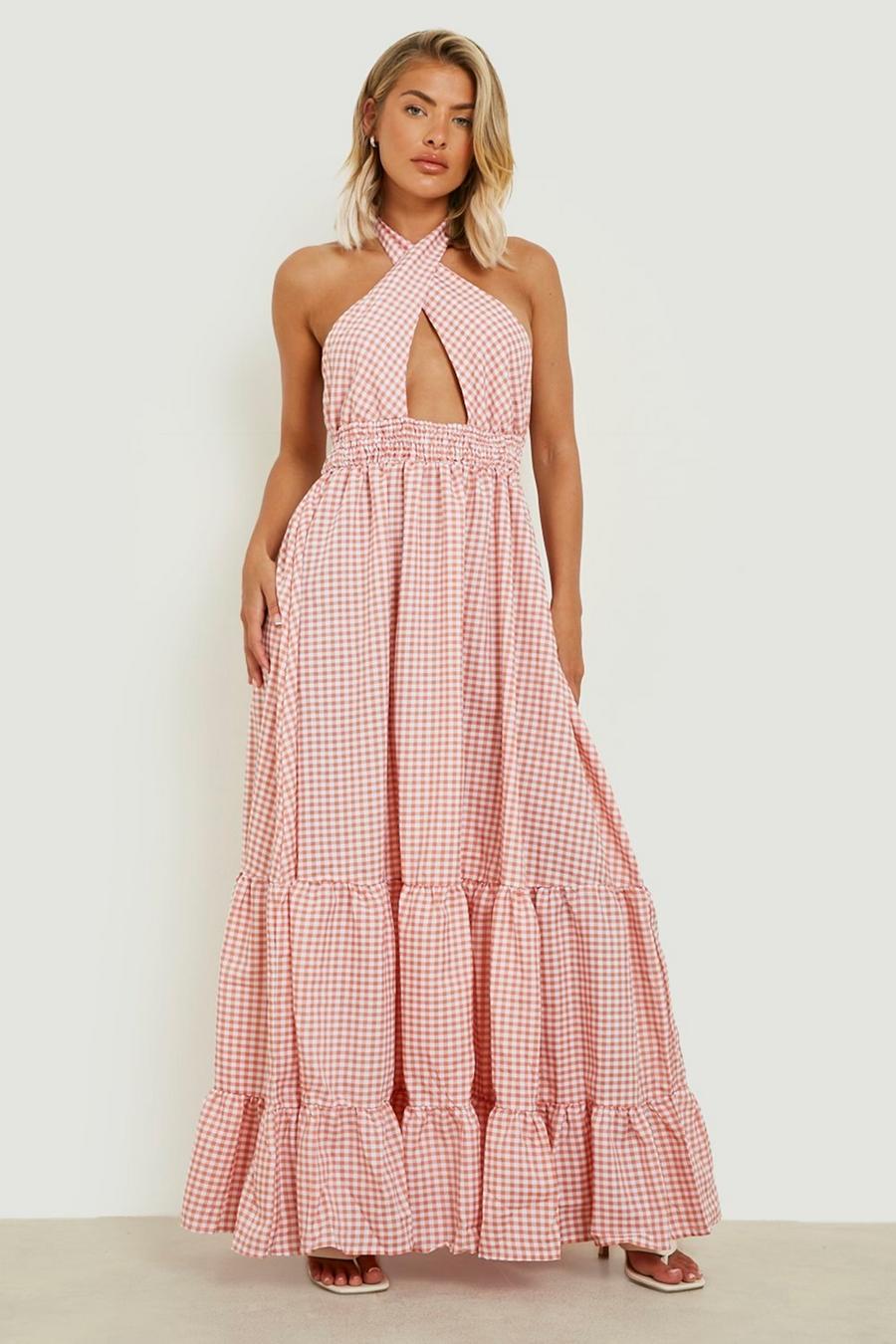 Pink Check Cut Out Halterneck Maxi Dress image number 1
