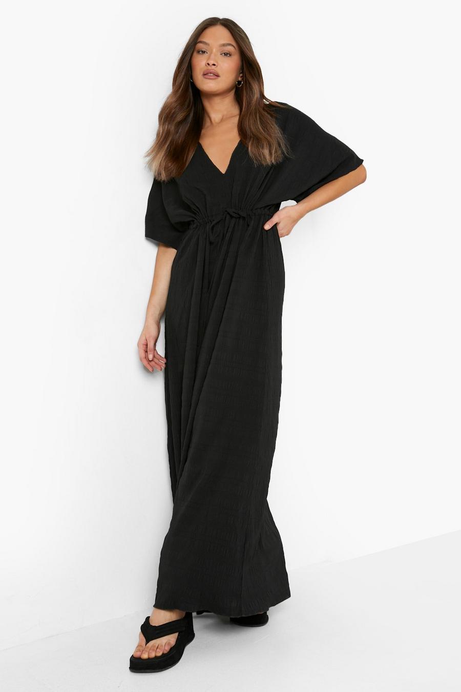 Black Textured Plisse Kimono Sleeve Maxi Dress