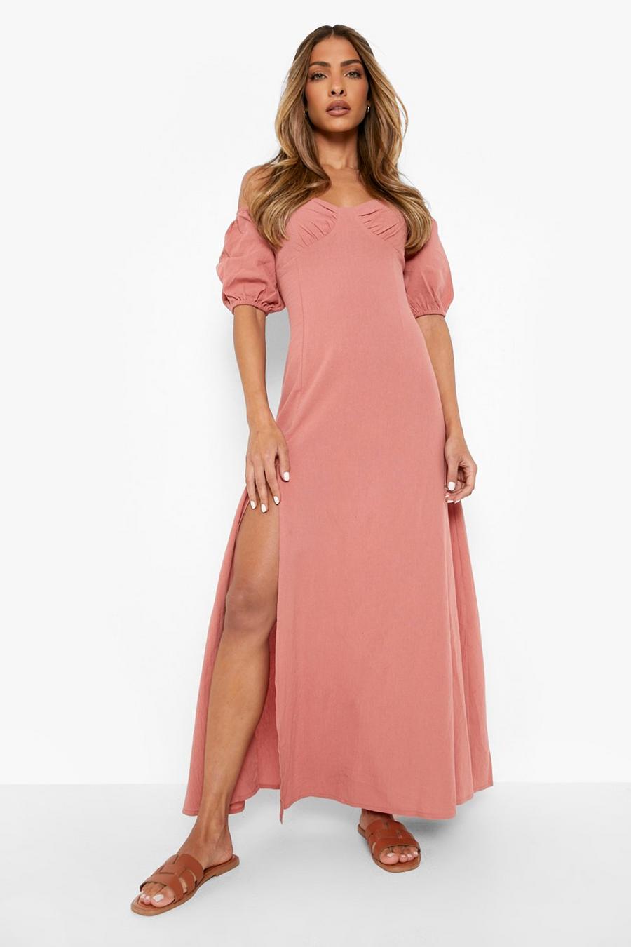 Dusky pink rose Linen Off The Shoulder Split Leg Maxi Dress