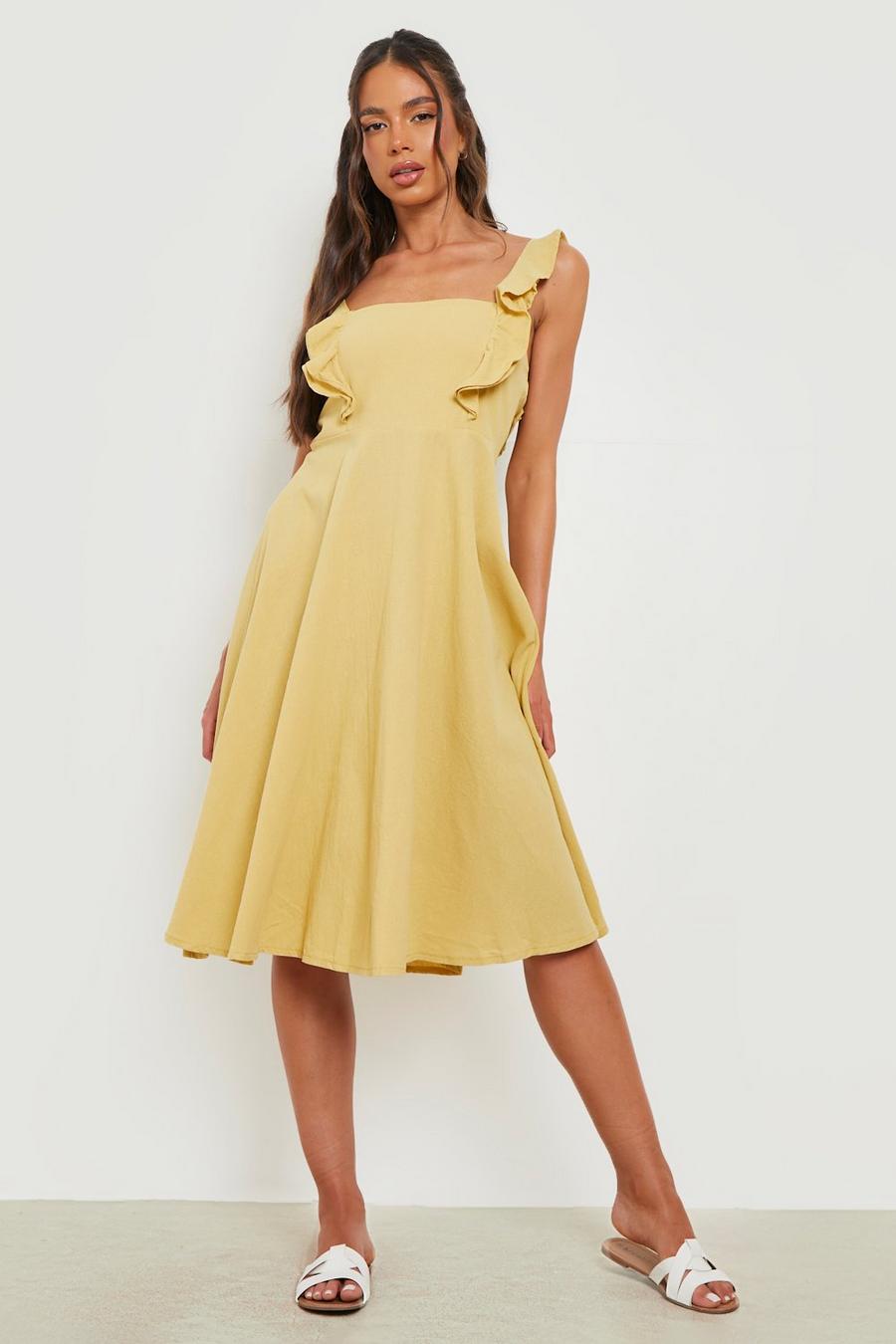 Yellow Linen Frill Sleeve Midi Skater Dress image number 1