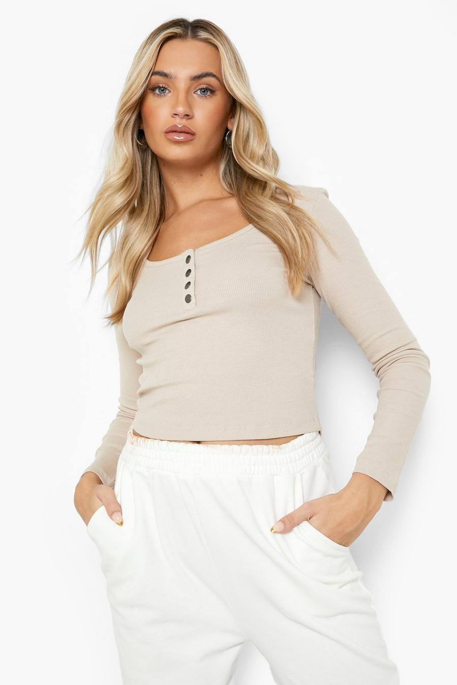 Taupe Long Sleeve Popper Crop Top image number 1