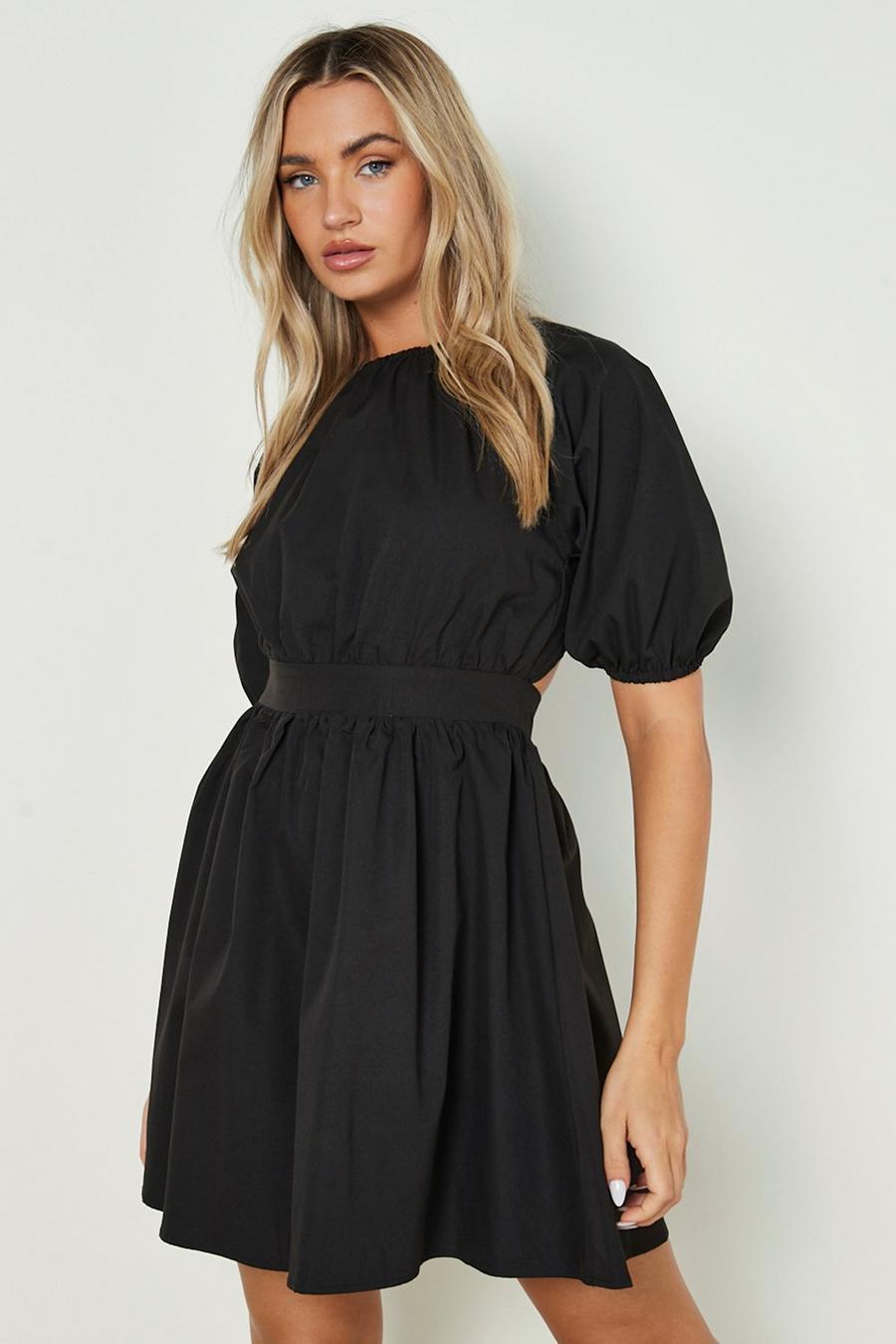 שחור שמלת סקייטר מיני פופלין עם פתחים image number 1