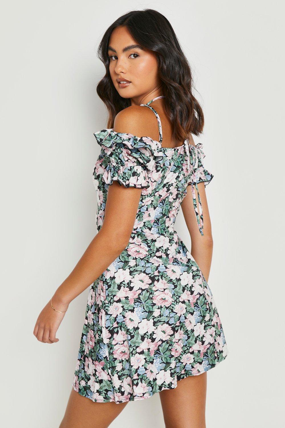 Floral Lace Up Front Mini Skater Dress boohoo