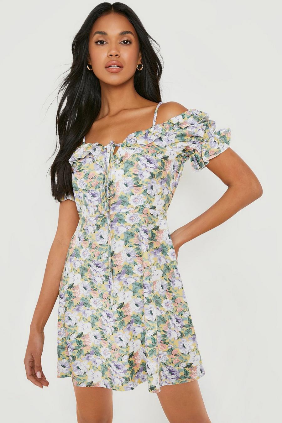Yellow gul Floral Lace Up Front Mini Skater Dress