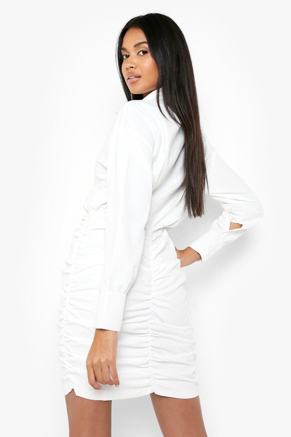 White Ruched Side Shirt Dress