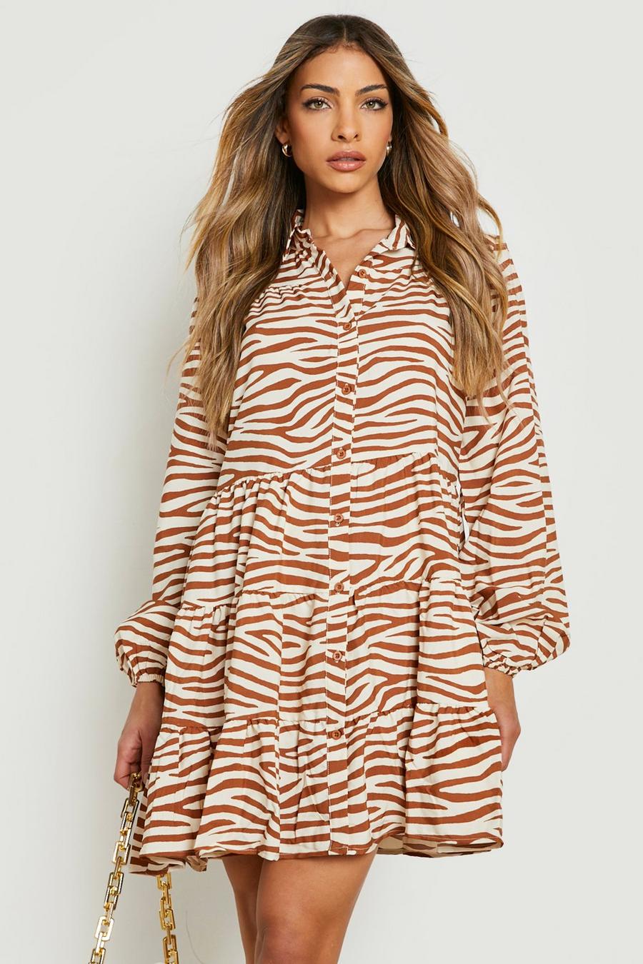 Medium brown brun Button Front Tiered Smock Dress Zebra Print