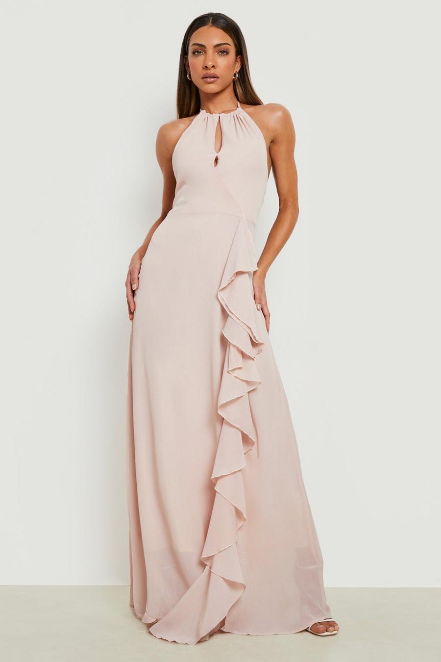 Nude High Neck Ruffle Detail Maxi Dress image number 1