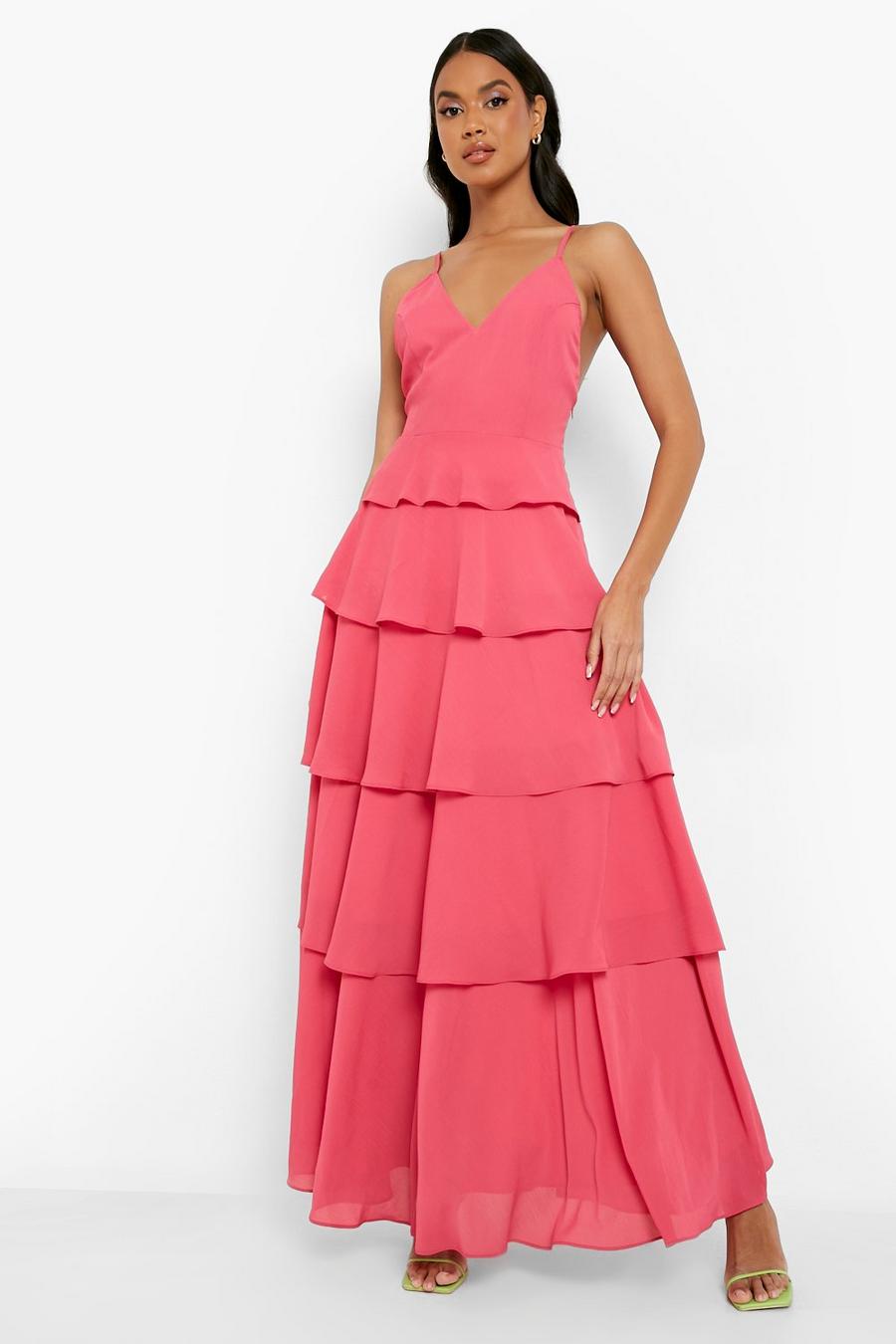 Hot pink Tiered Ruffle Strappy Maxi Dress