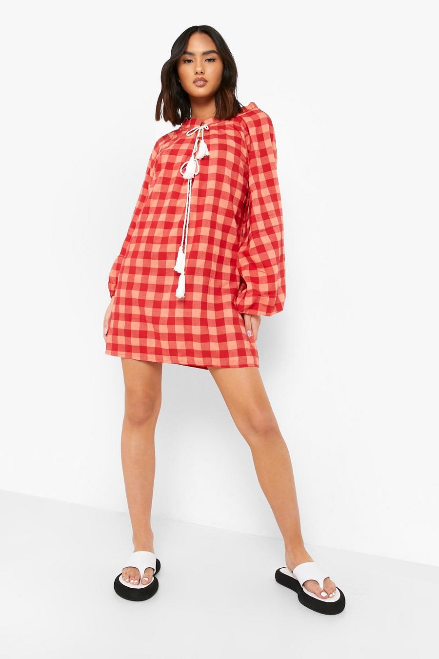 Red Tie Neck Shift Dress Gingham Print