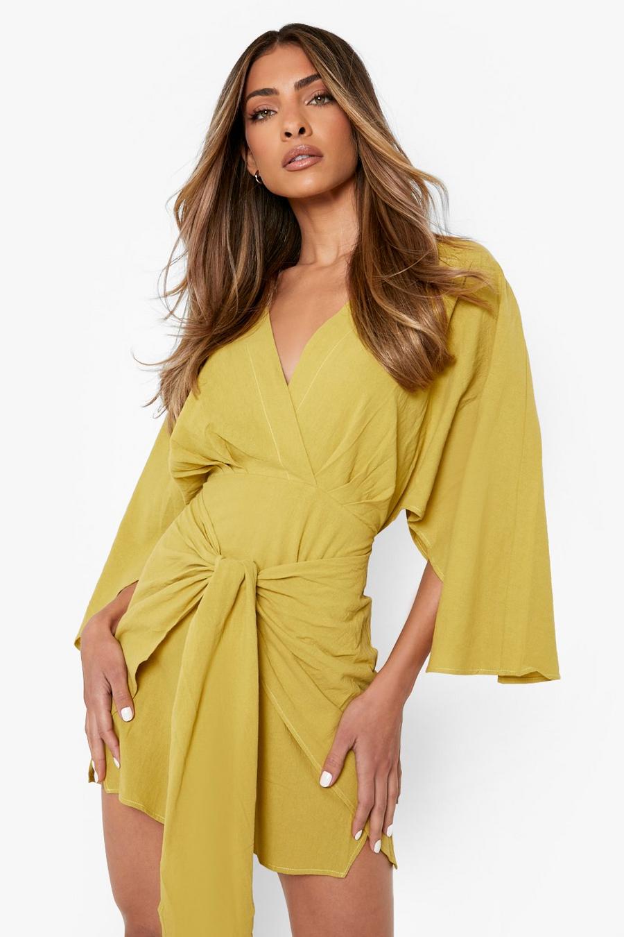 Chartreuse yellow Linen Tie Front Kimono Sleeve Shift Dress image number 1