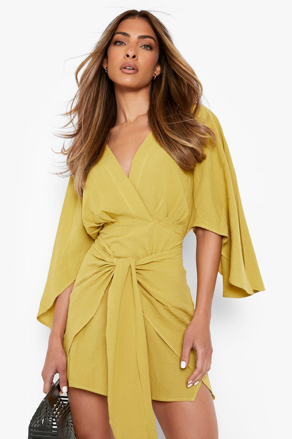 Linen Tie Front Kimono Sleeve Shift Dress