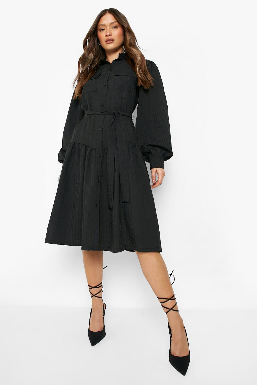 Black Crinkle Self Tie Midi Shirt Dress image number 1