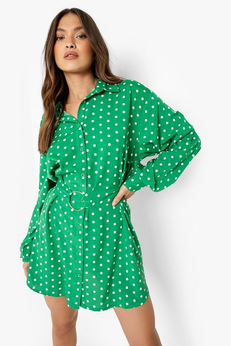 Apple green Ring Tie Waist Shirt Dress Polka Dot Print