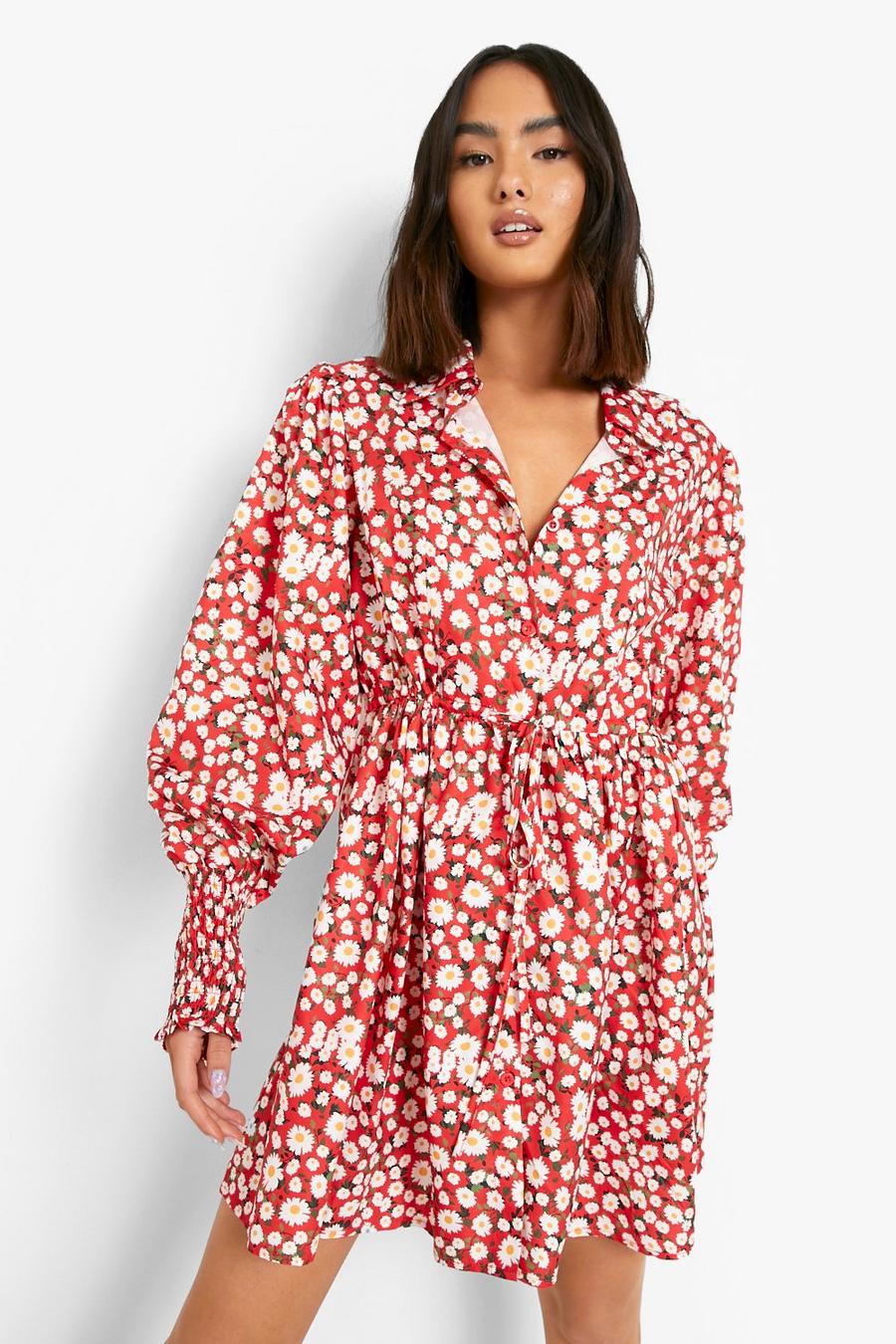 Red Puff Sleeve Shirt Dress Daisy Print image number 1