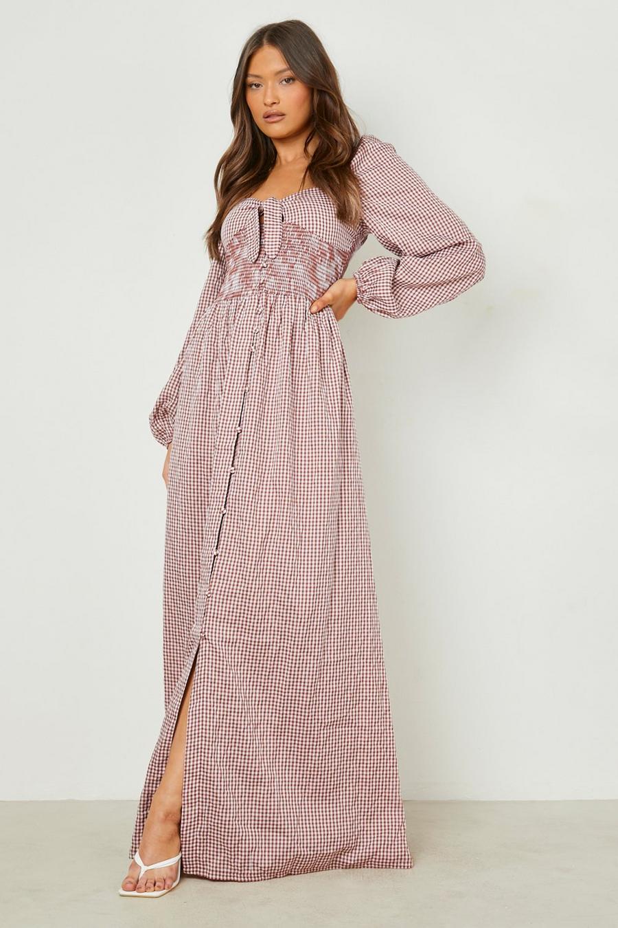 Chocolate brown Bow Front Maxi Dress Gingham Print