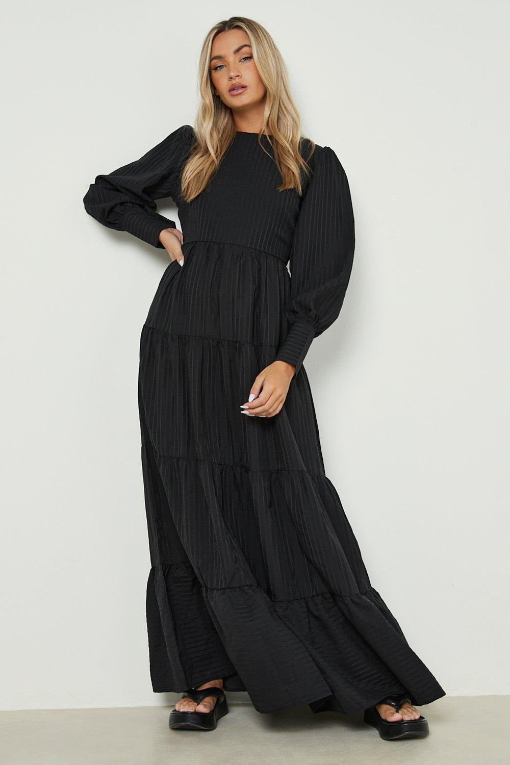 Crinkle Puff Sleeve Tiered Maxi Dress