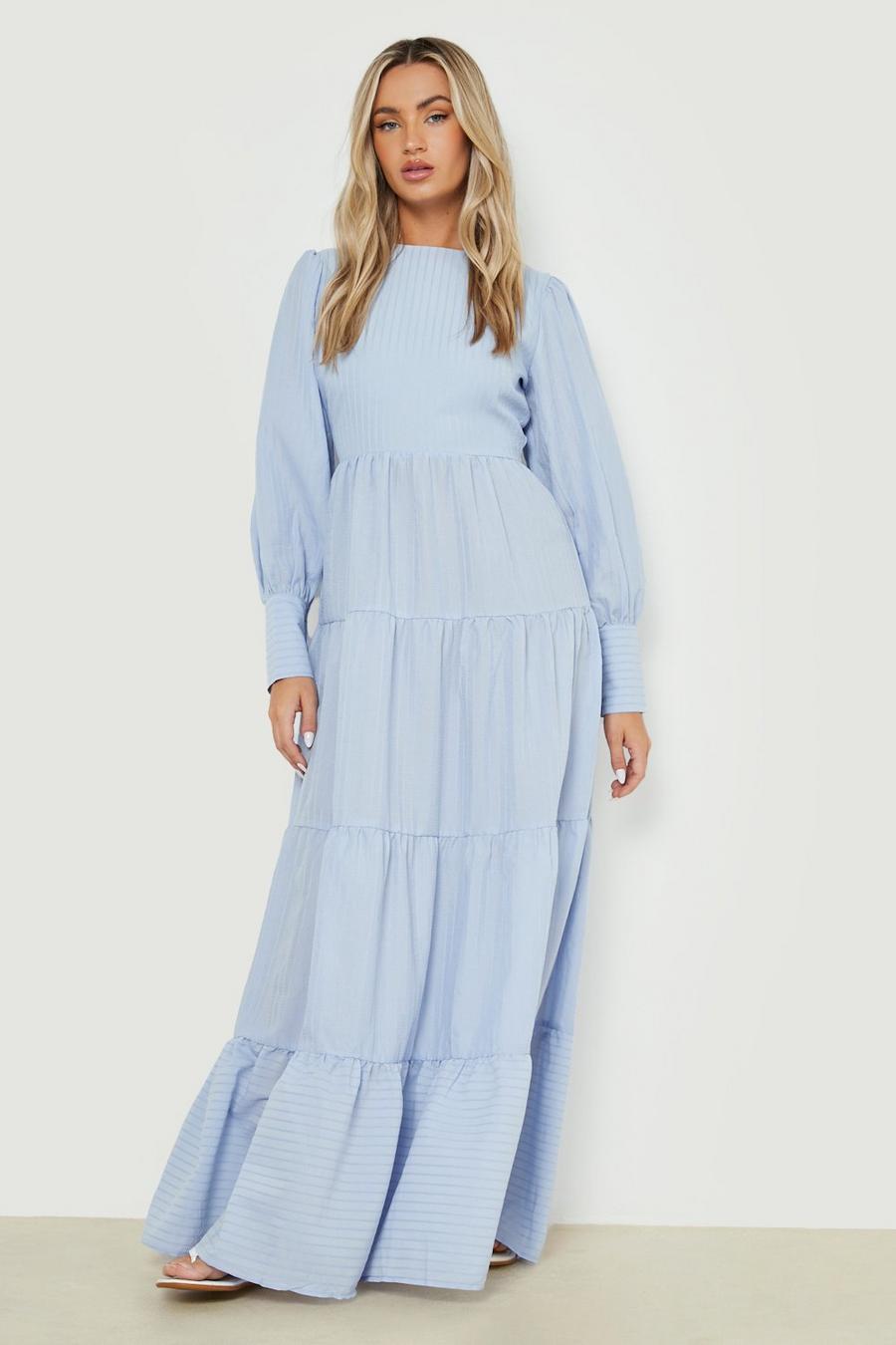 Light blue Crinkle Puff Sleeve Tiered Maxi Dress image number 1