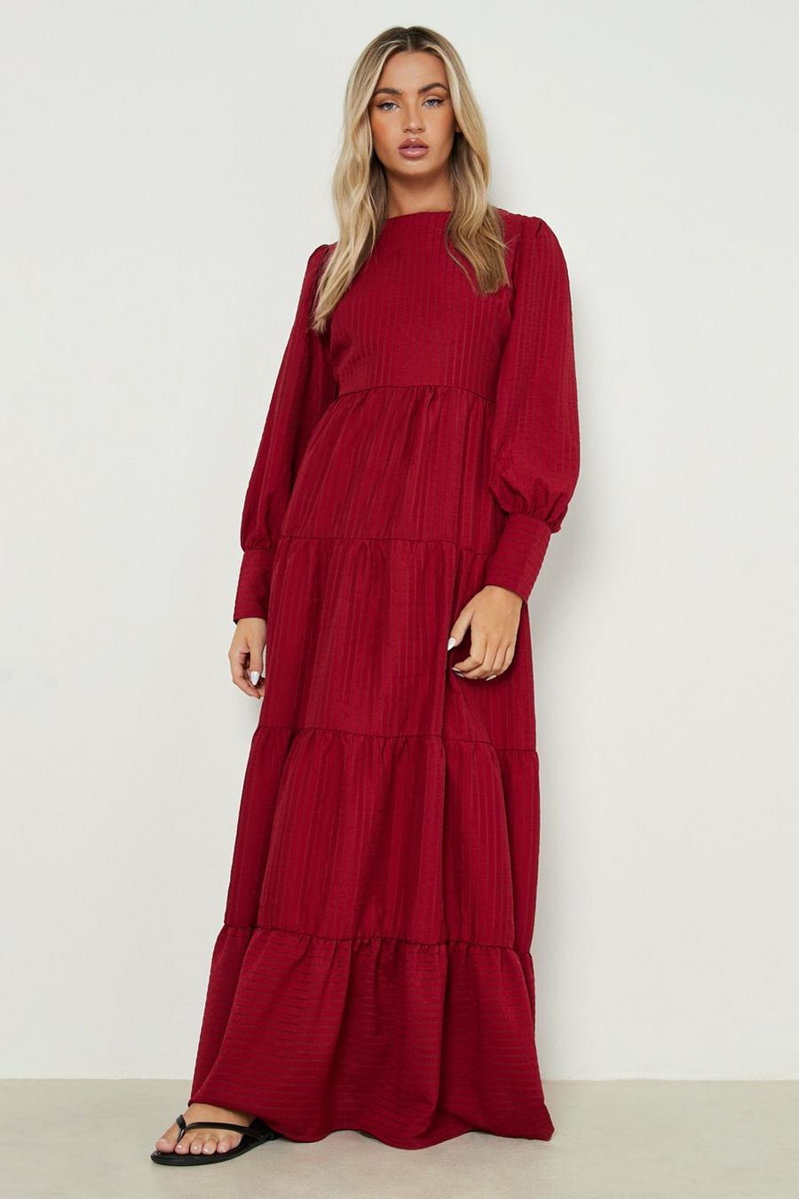 Wine red Crinkle Puff Sleeve Tiered Maxi Dress image number 1