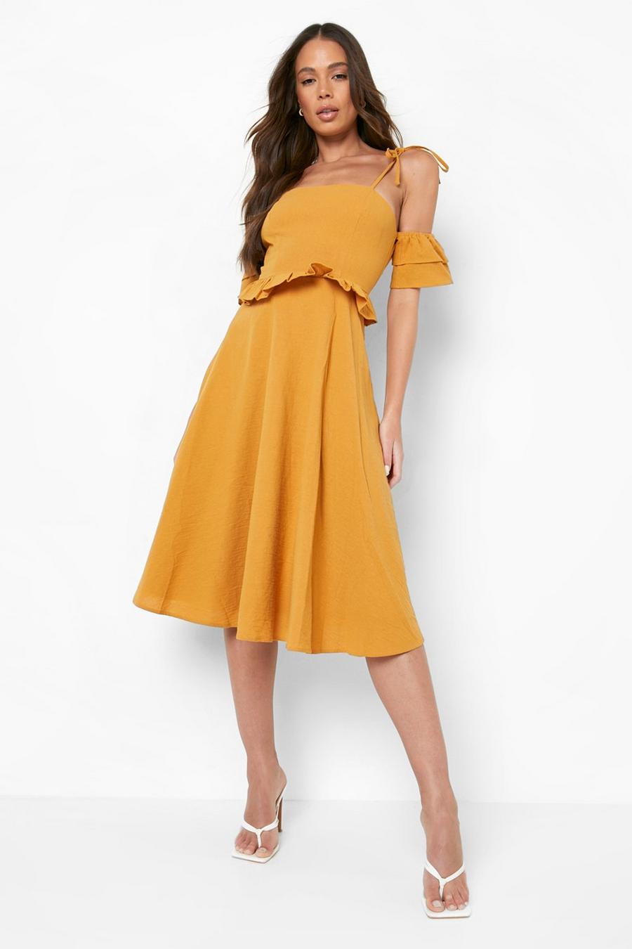 Mustard yellow Strappy Off The Shoulder Midi Skater Dress