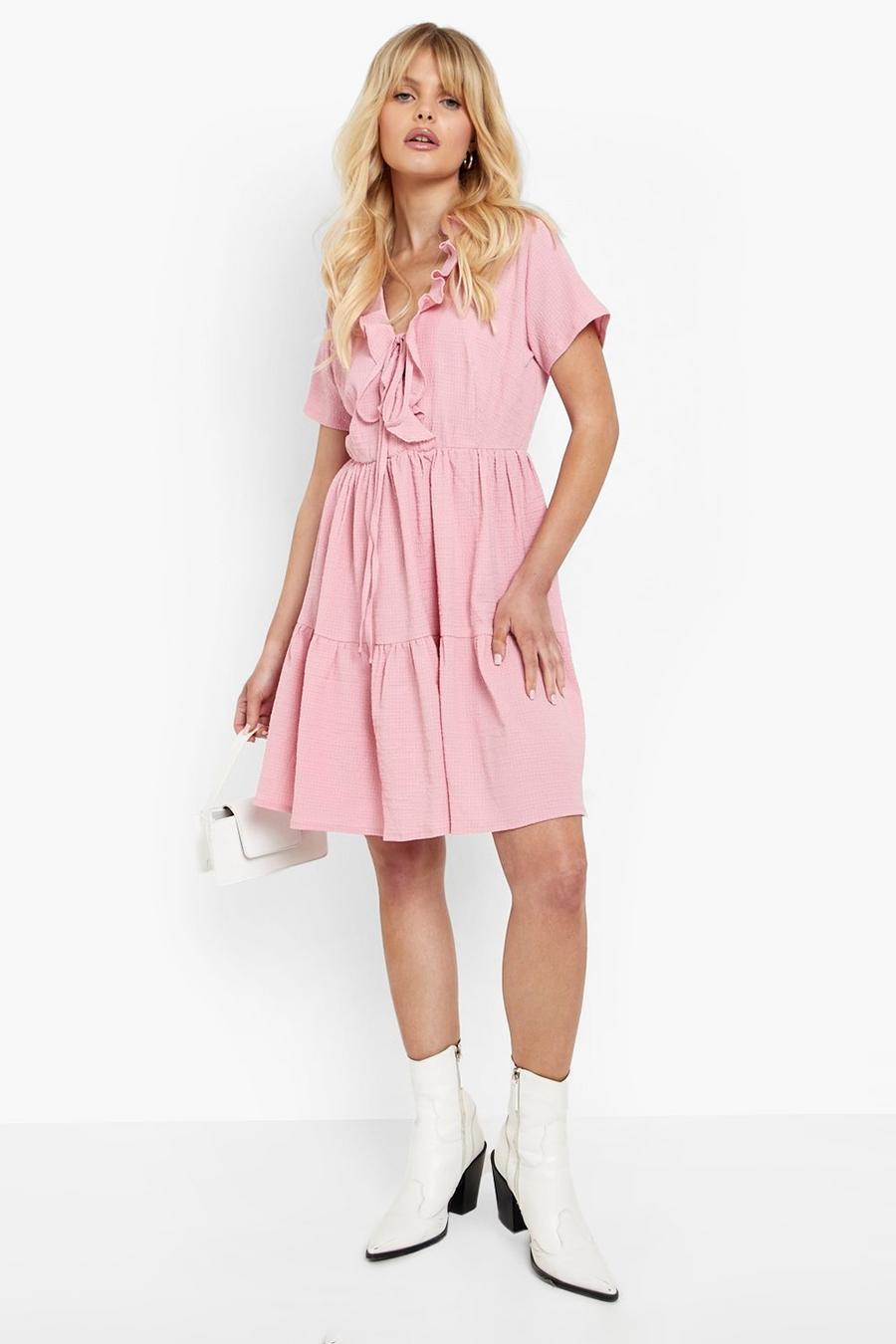 Baby pink Textured Frill Neck Tiered Skater Dress image number 1
