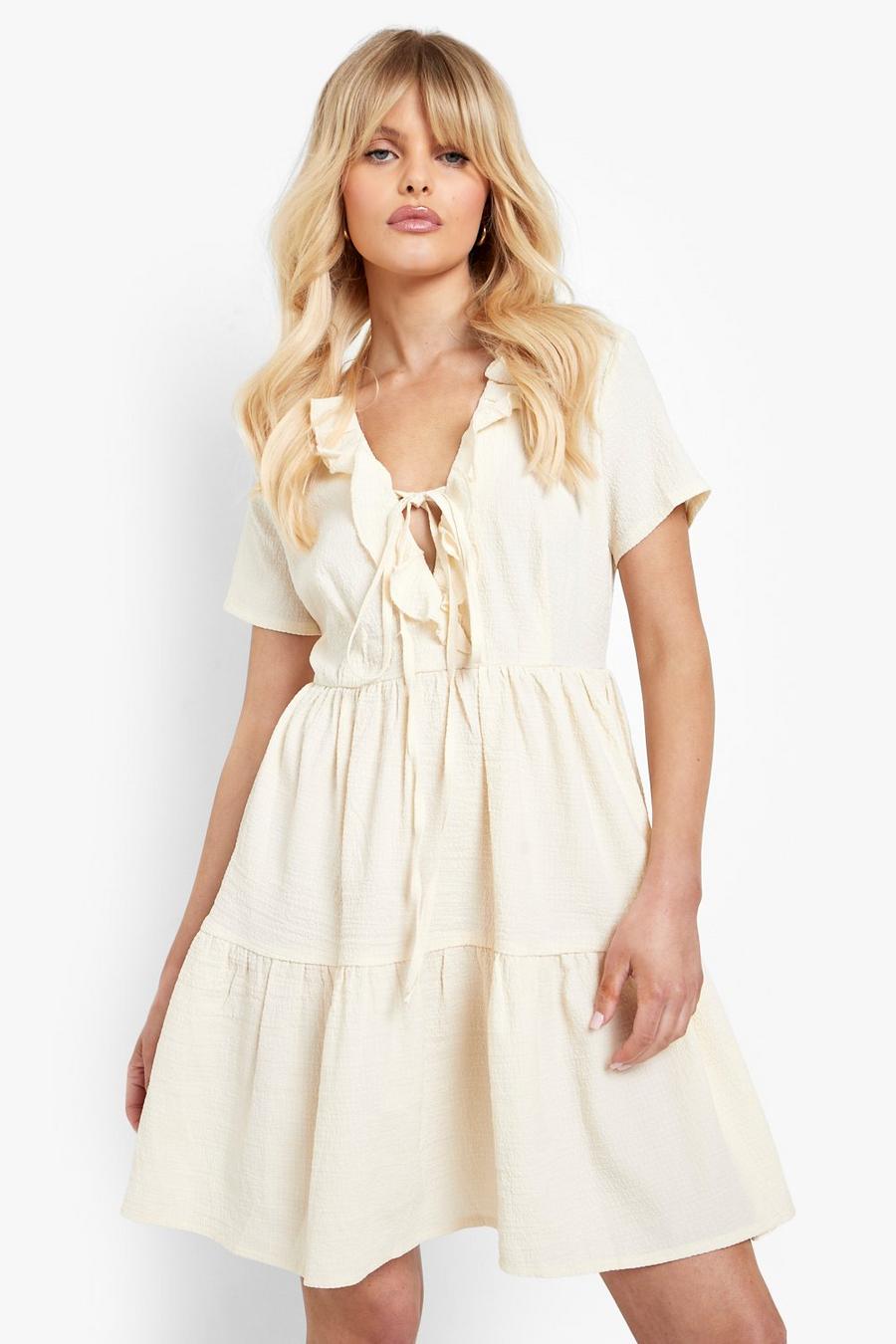 Cream Textured Frill Neck Tiered Skater Dress image number 1