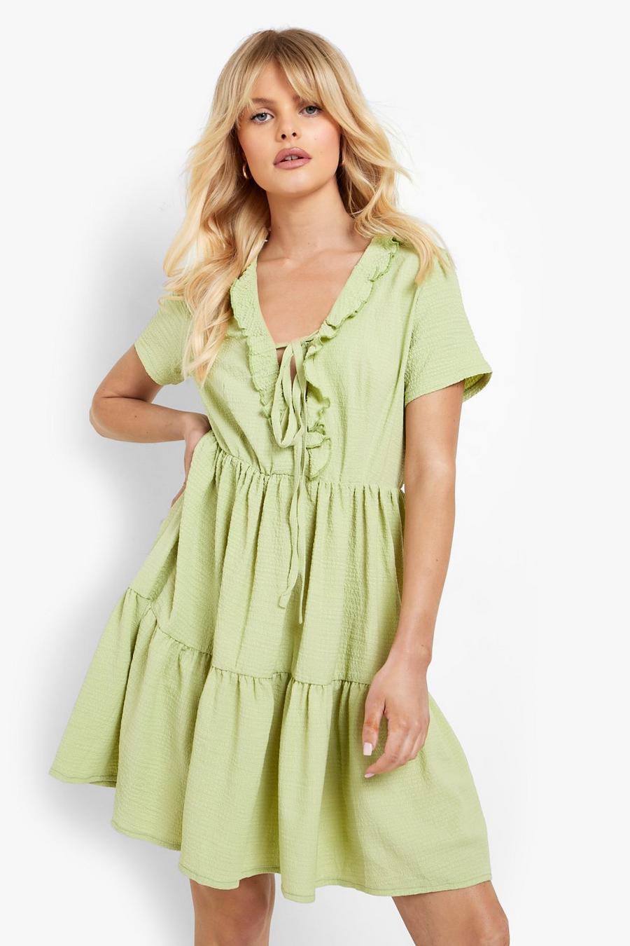 Lime green Textured Frill Neck Tiered Skater Dress
