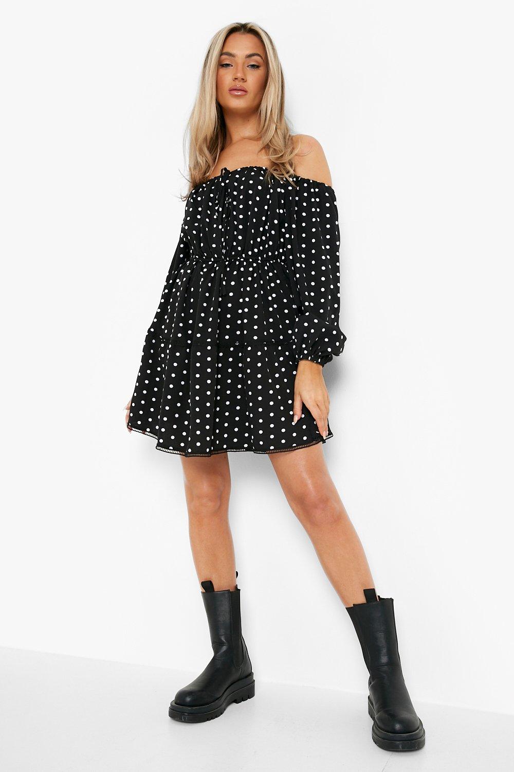 black and white spot off shoulder dress