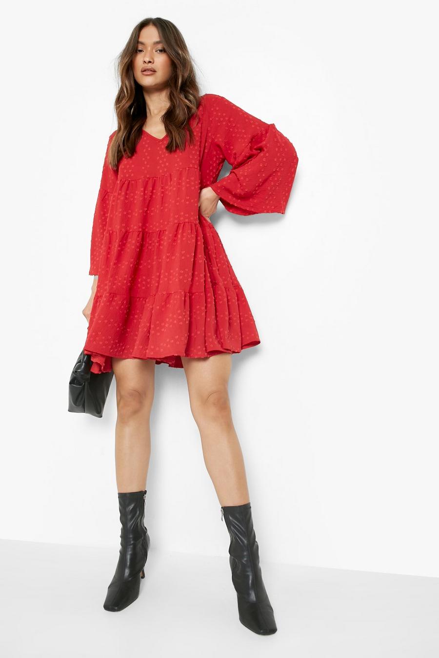 Red Dobby Ruffle Tiered Smock Dress image number 1