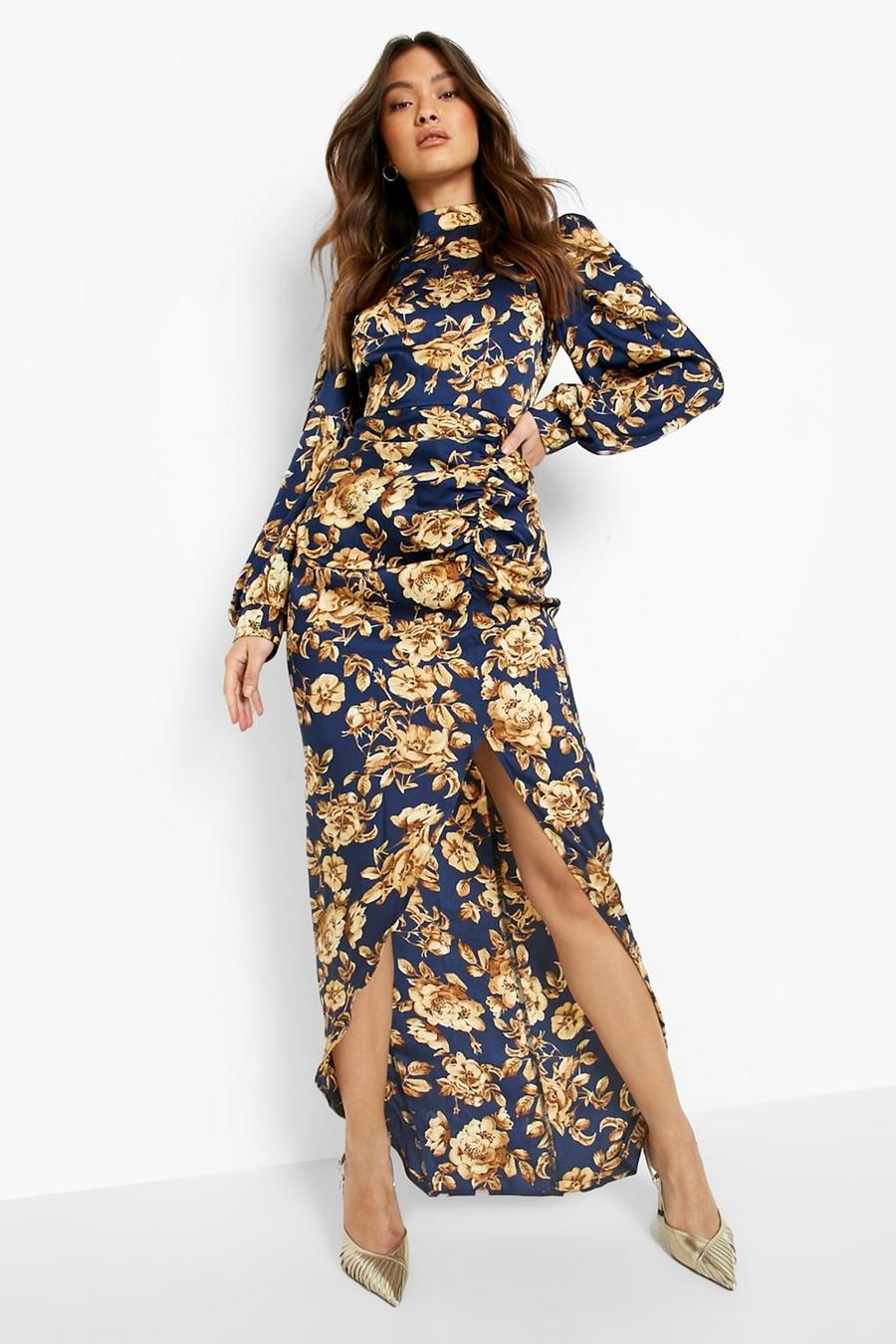 Navy High Neck Puff Sleeve Ruched Maxi Dress image number 1