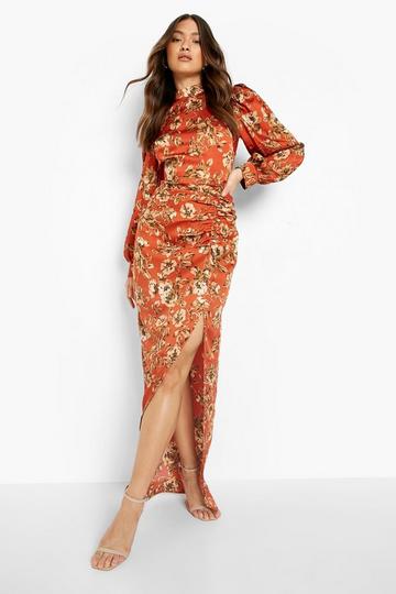 High Neck Puff Sleeve Ruched Maxi Dress rust