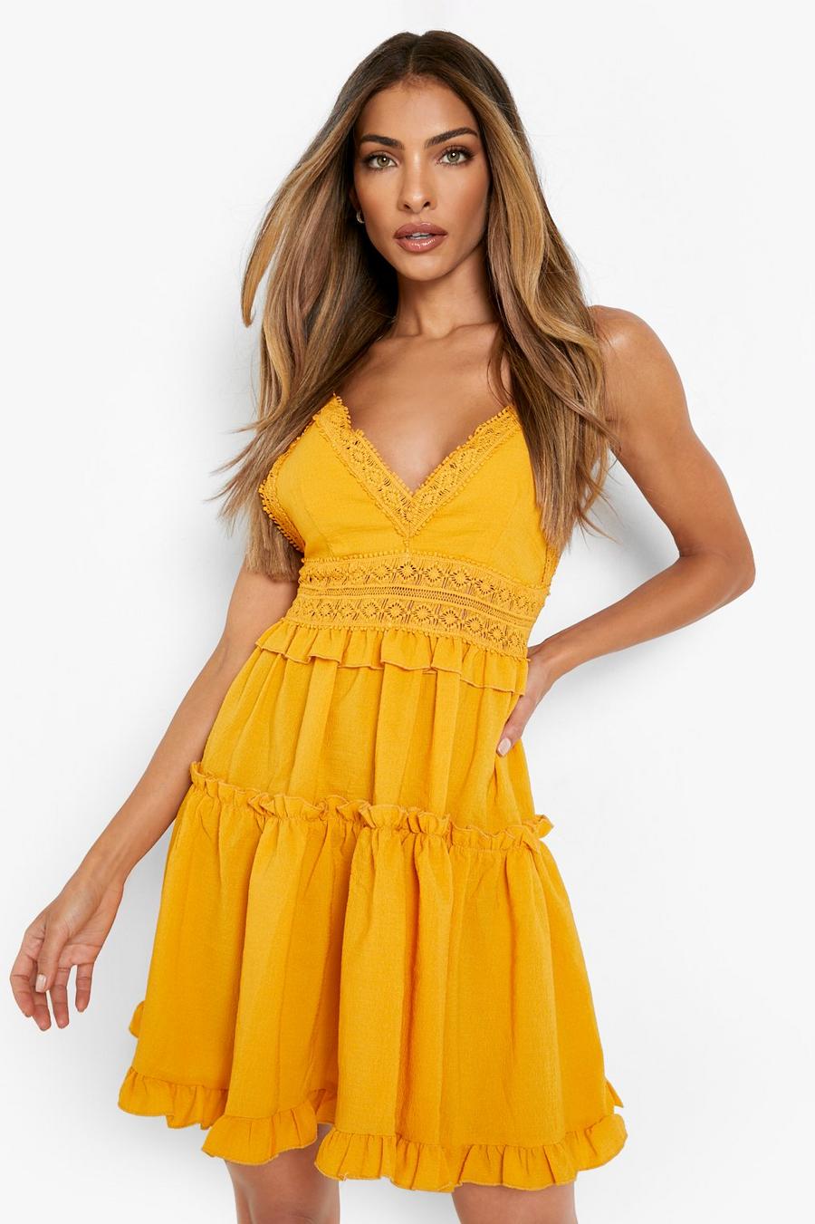 Mustard Textured Strappy Mini Skater Dress image number 1