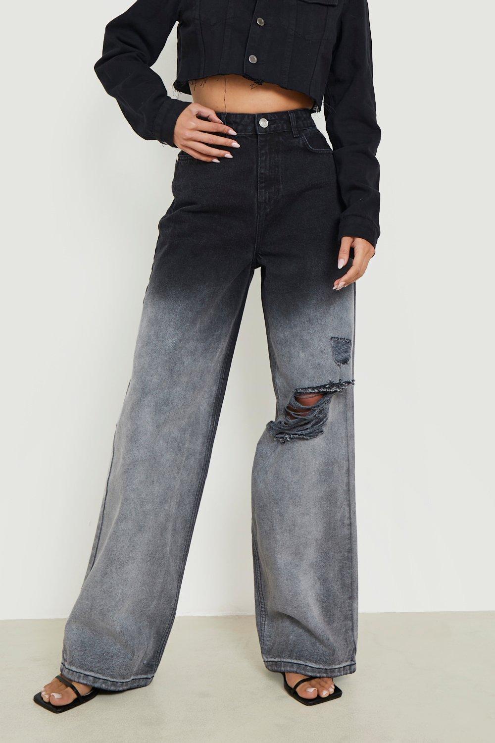 Tall Ombre Wash Distressed Detail Wide Leg Jeans