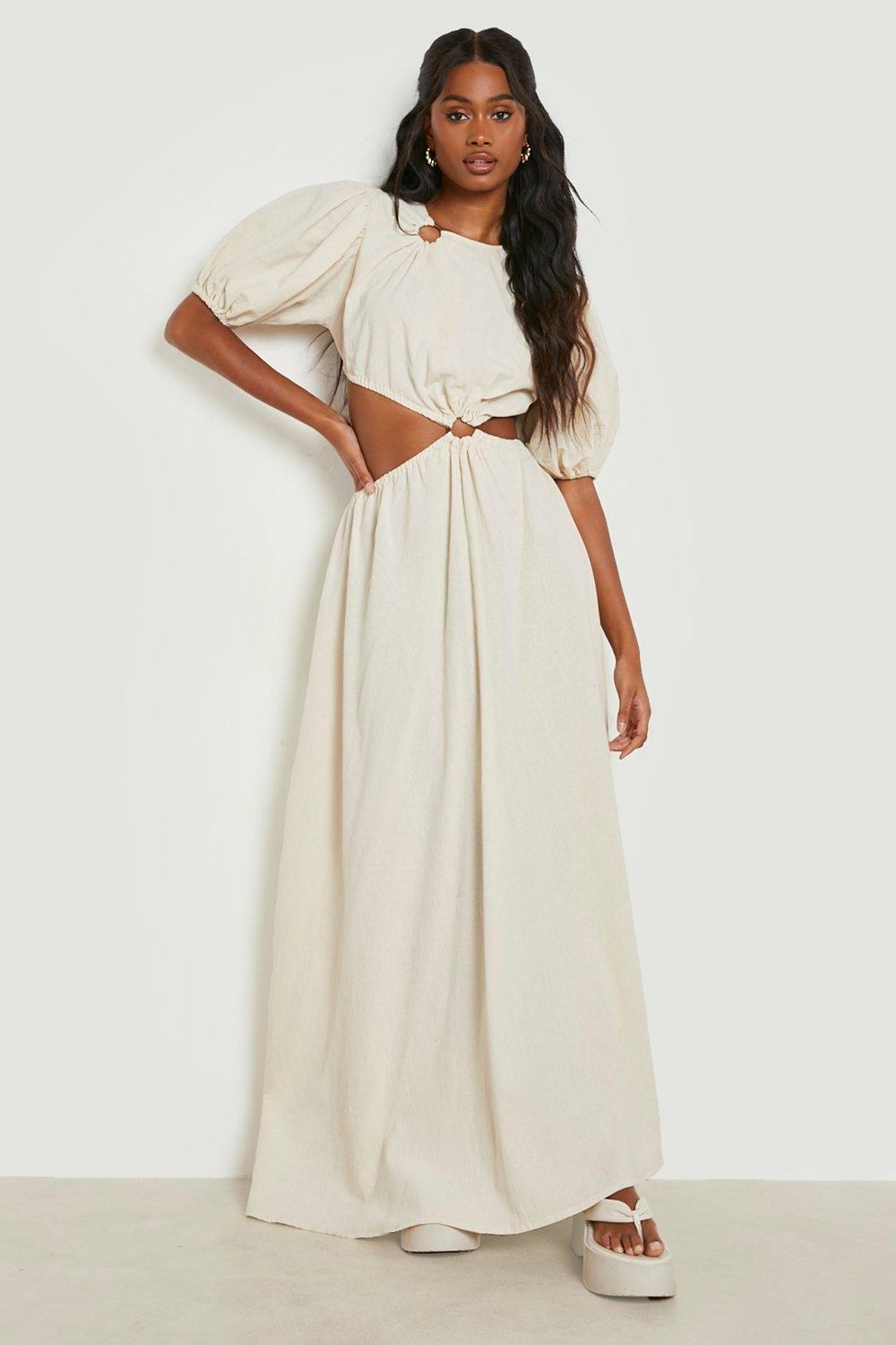 Asymmetric Cut Out Puff Sleeve Maxi Dress