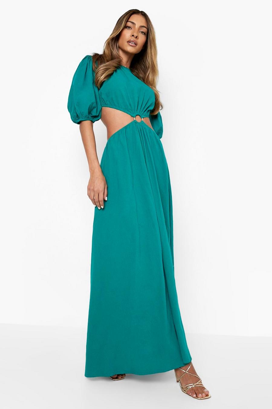 Emerald Asymmetric Cut Out Puff Sleeve Maxi Dress image number 1