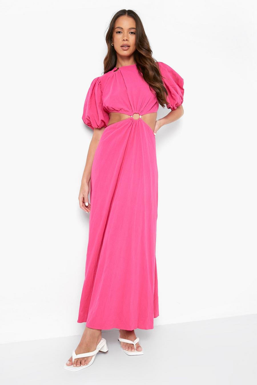 Hot pink Asymmetric Cut Out Puff Sleeve Maxi Dress image number 1