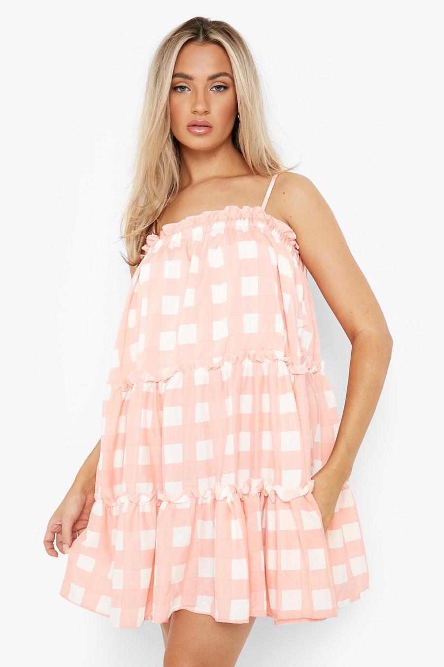 Baby pink Check Strappy Tiered Frill Hem Smock Dress image number 1
