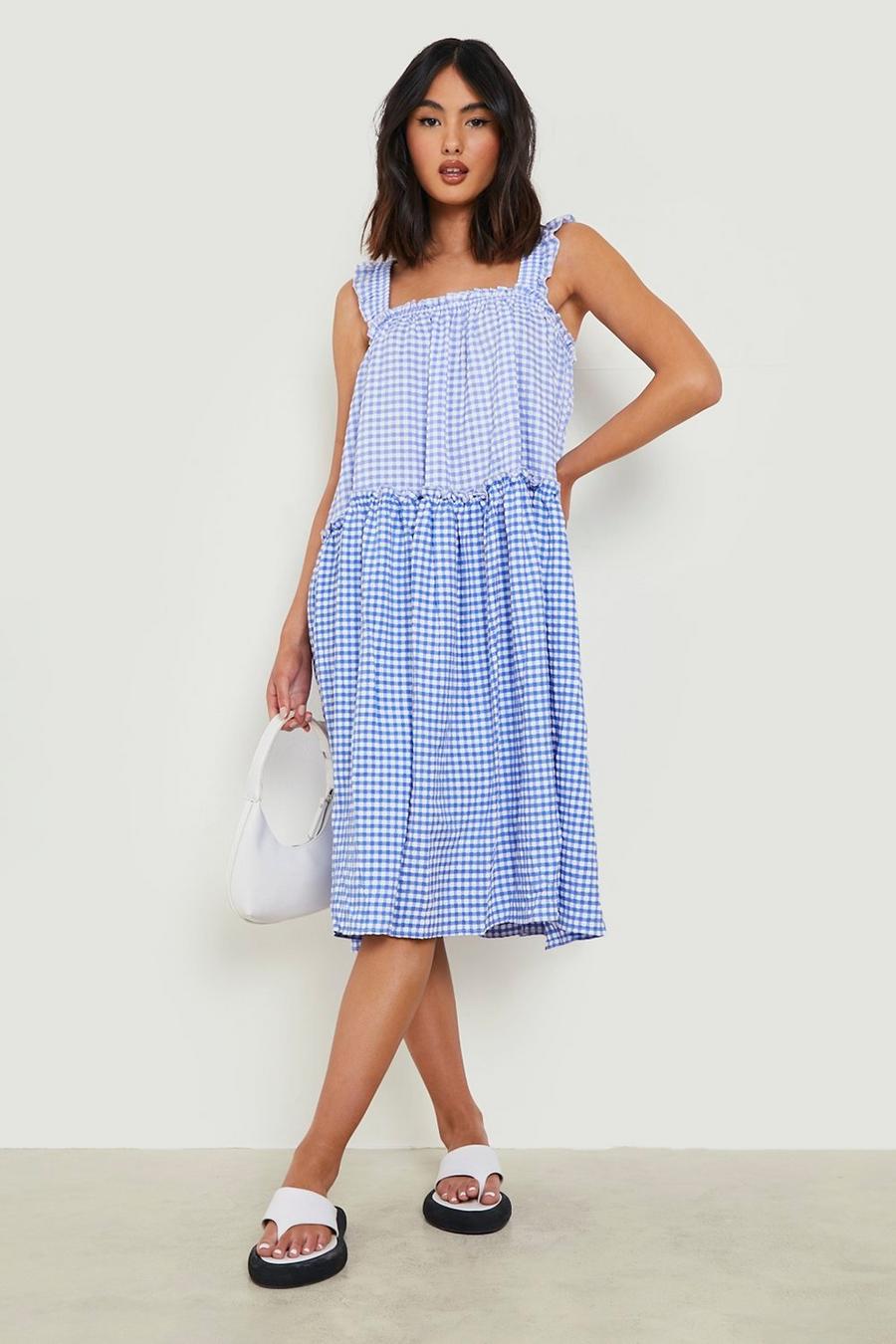 Blue Colorblock Flannel Midi Tiered Smock Dress image number 1